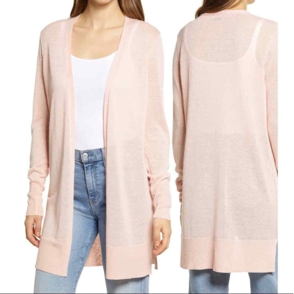 Halogen Linen Knit Side Slit Open Front Cardigan Sweater Pink Lightweight XXS